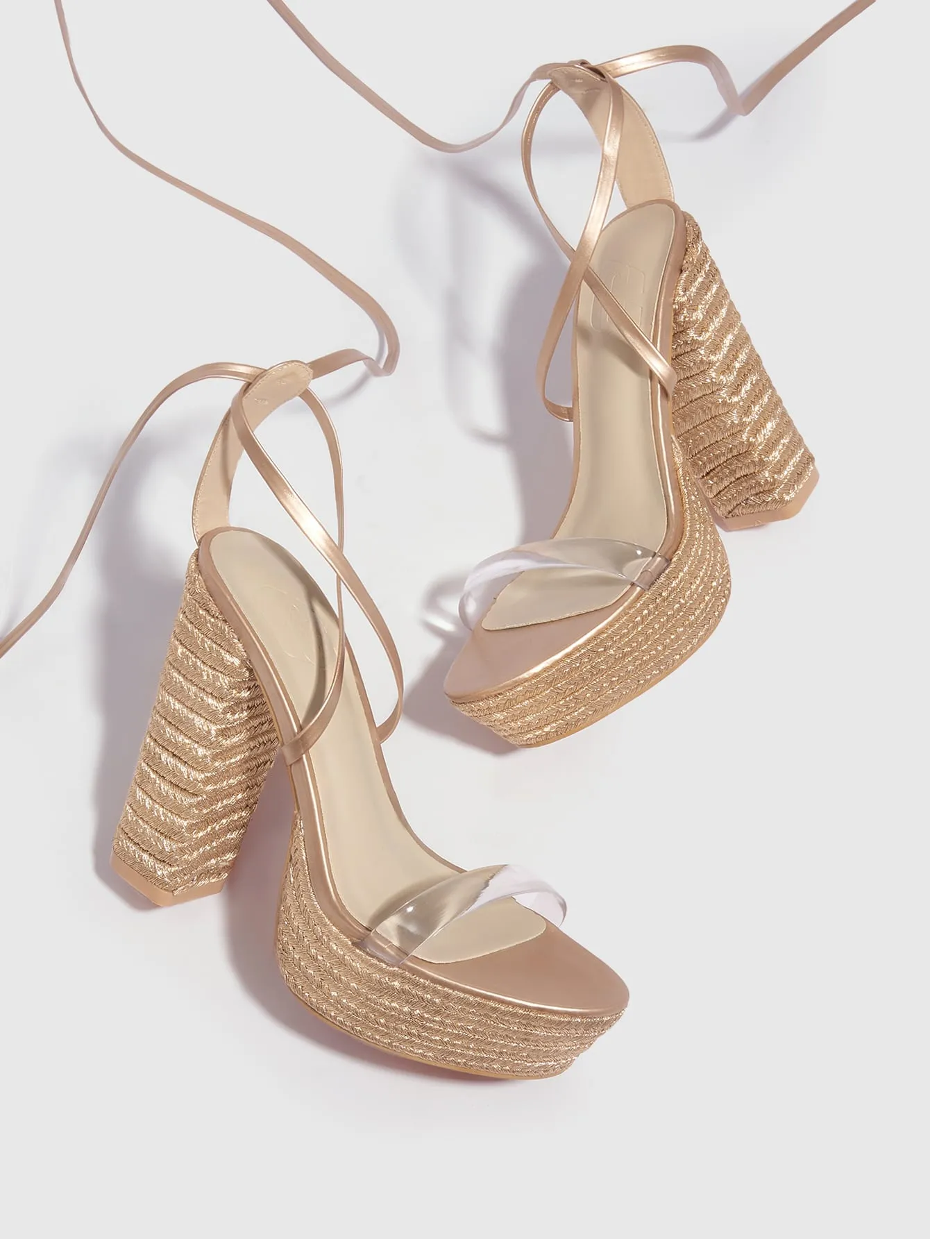 Metallic Tie Leg Platform Chunky Heeled Strappy Sandals