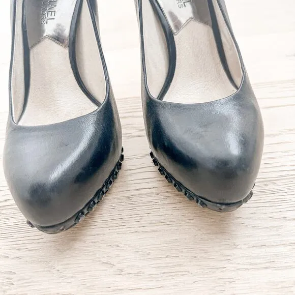 Michael Kors Ailee Leather Studded Platform Heeled Pumps Black Size 6