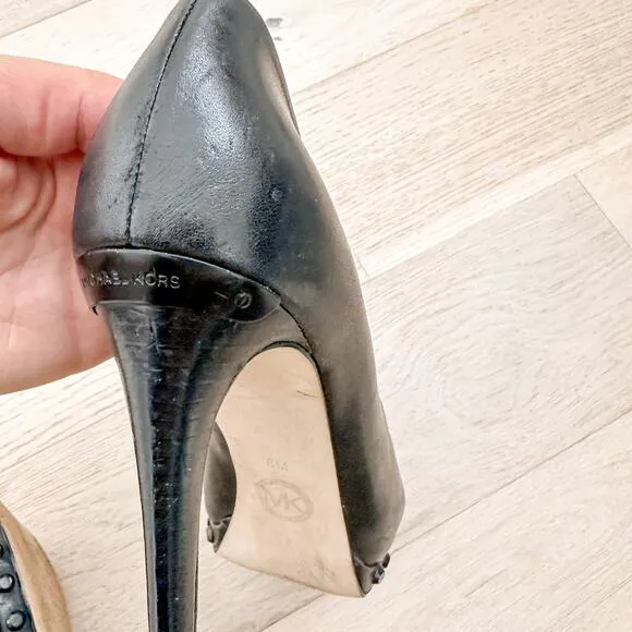 Michael Kors Ailee Leather Studded Platform Heeled Pumps Black Size 6