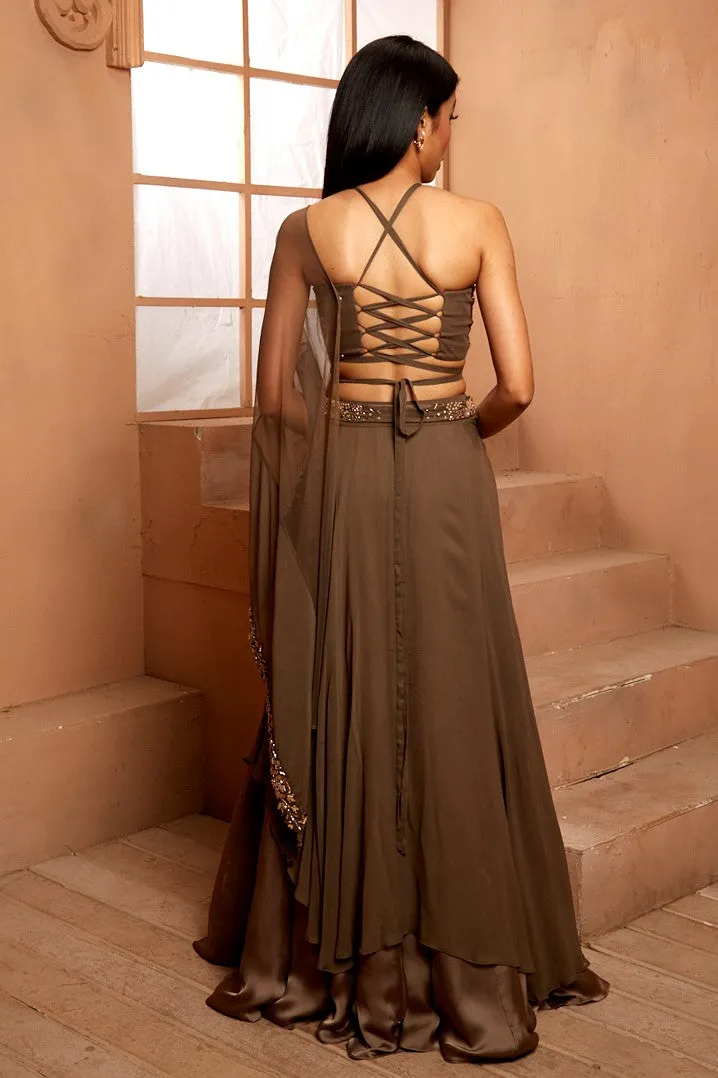 MILITARY GREEN IN-CUT GOLD LEHENGA