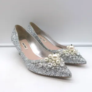 Miu Miu Pearl & Crystal-Embellished Low-Heel Pumps Silver Glitter Size 38