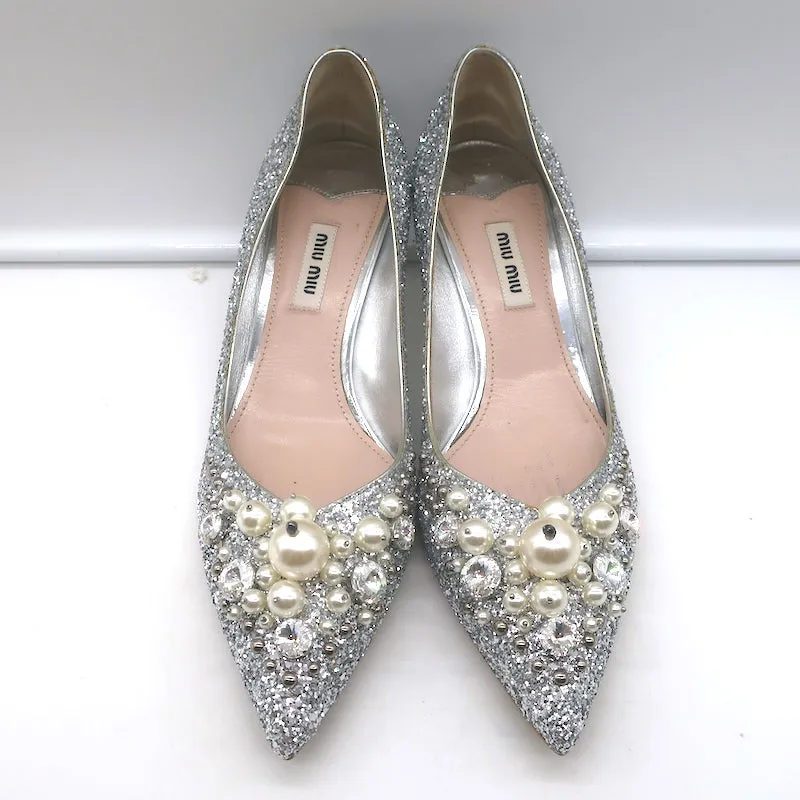 Miu Miu Pearl & Crystal-Embellished Low-Heel Pumps Silver Glitter Size 38