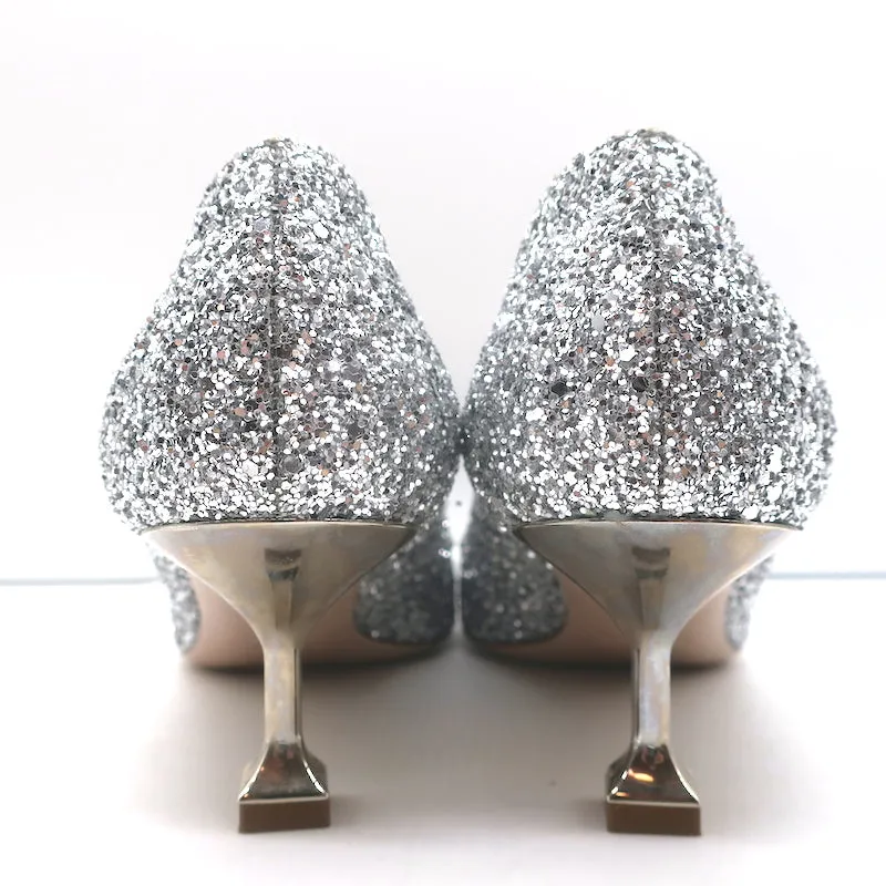 Miu Miu Pearl & Crystal-Embellished Low-Heel Pumps Silver Glitter Size 38