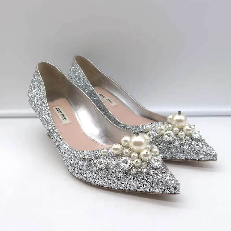 Miu Miu Pearl & Crystal-Embellished Low-Heel Pumps Silver Glitter Size 38