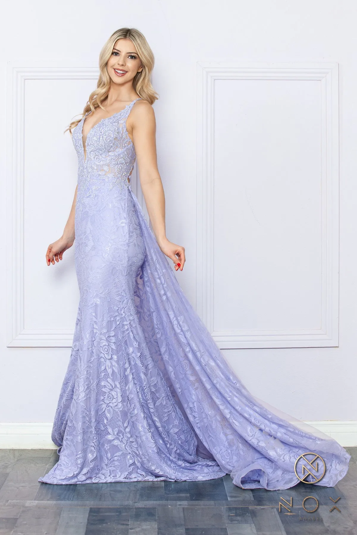 N G1353 -  Hot Stoned Lace Embellished Over Sheer Bodice Prom Gown With V-Neckline & Lace Up Corset Back