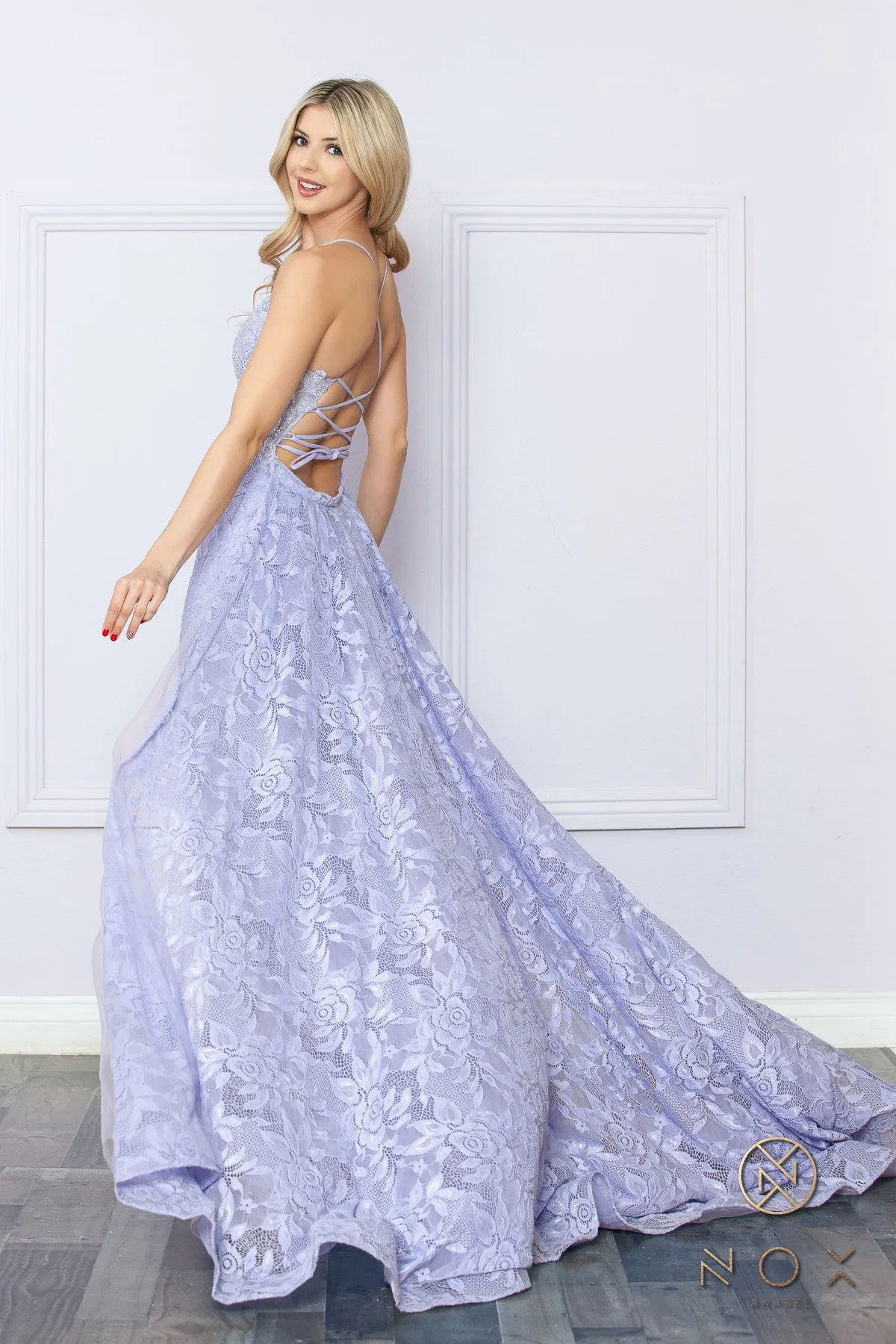 N G1353 -  Hot Stoned Lace Embellished Over Sheer Bodice Prom Gown With V-Neckline & Lace Up Corset Back