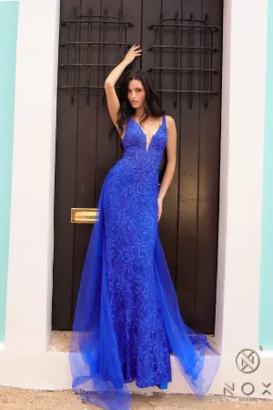 N G1353 -  Hot Stoned Lace Embellished Over Sheer Bodice Prom Gown With V-Neckline & Lace Up Corset Back