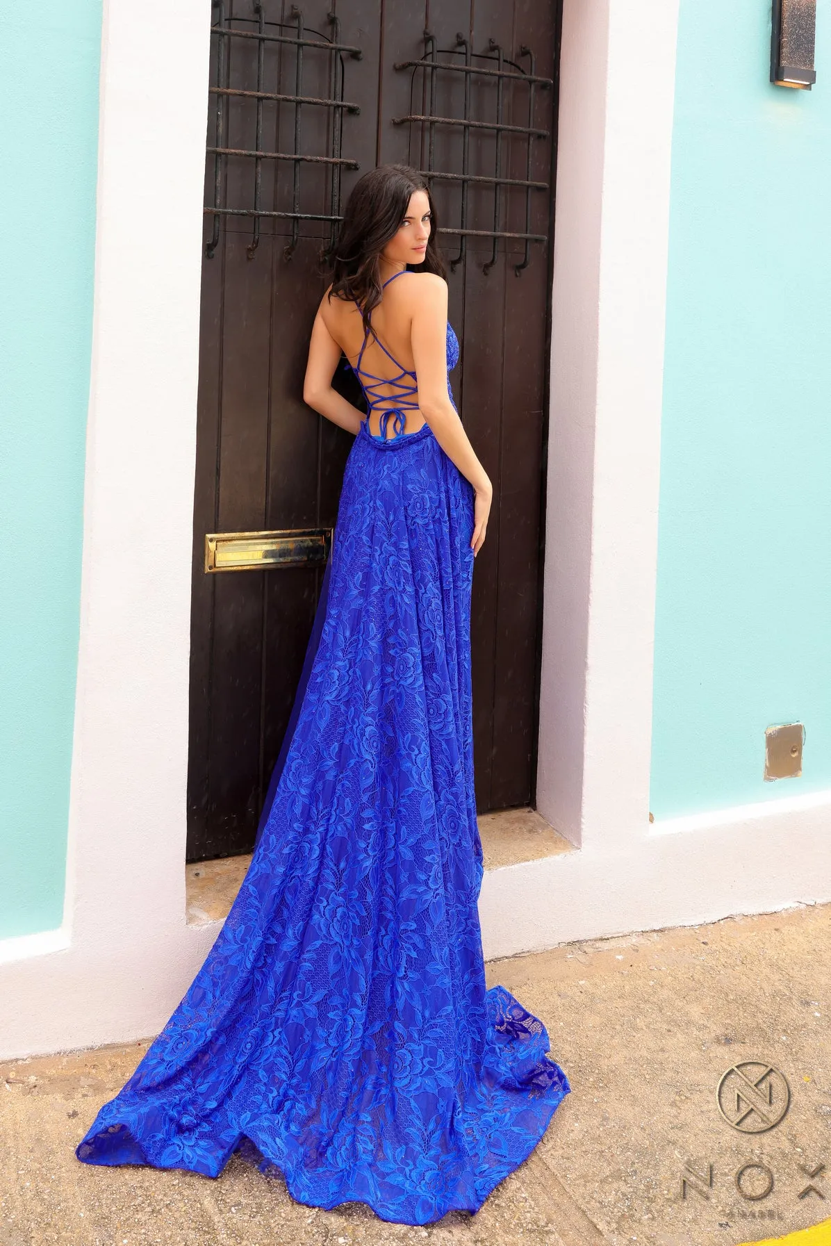 N G1353 -  Hot Stoned Lace Embellished Over Sheer Bodice Prom Gown With V-Neckline & Lace Up Corset Back