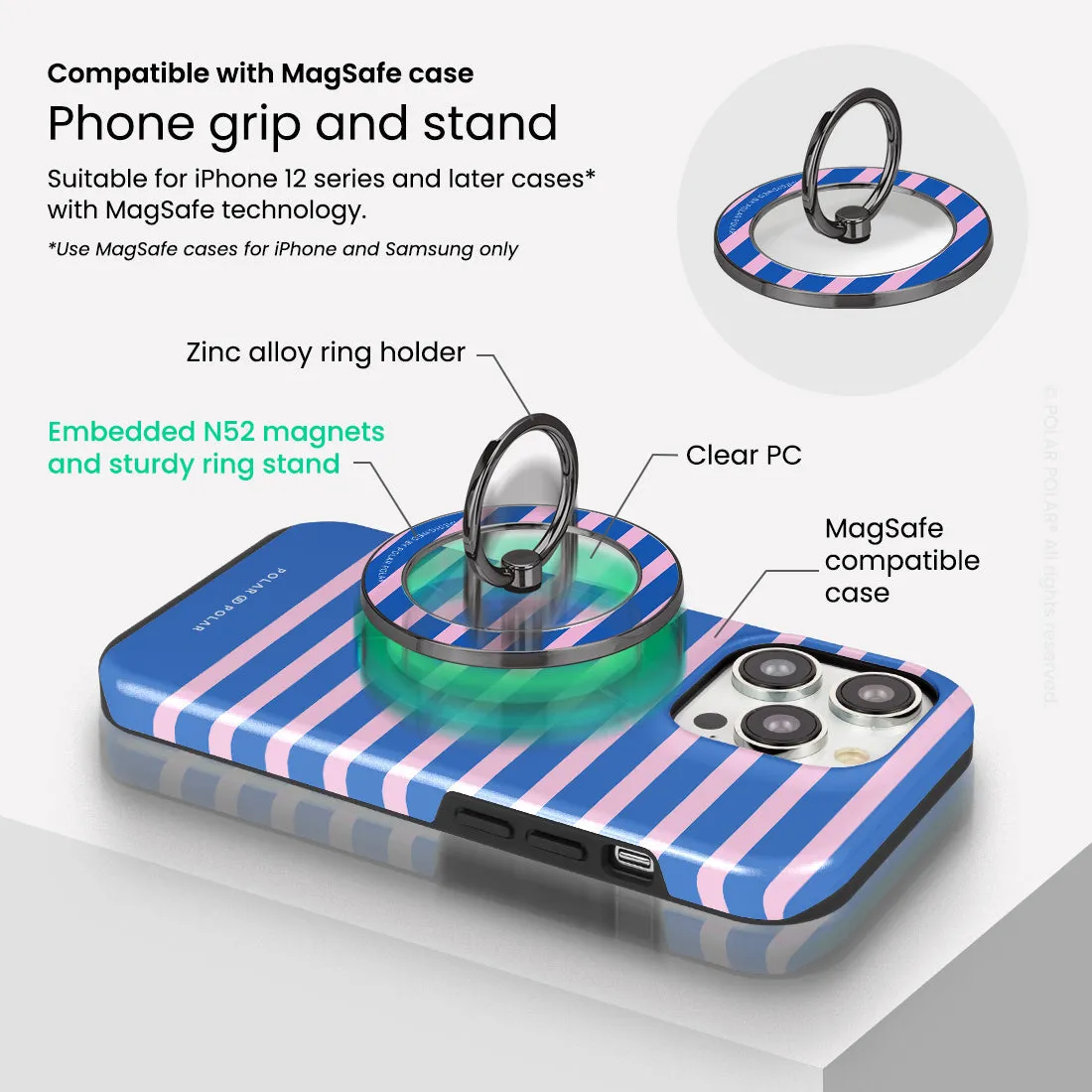 Navy Pink Stripe - Black MagSafe Phone Grip and Ring Holder Stand