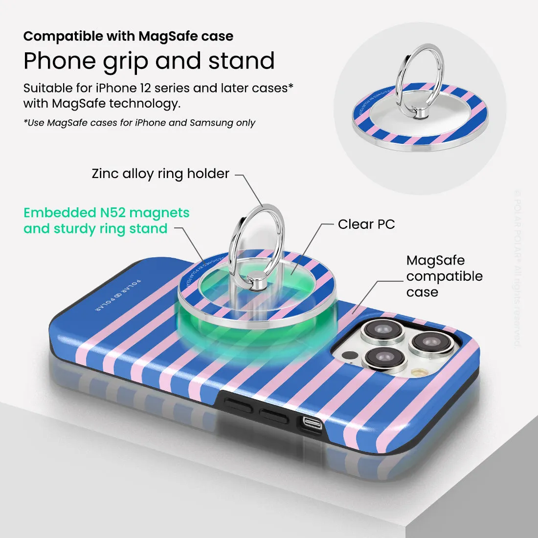 Navy Pink Stripe - Silver MagSafe Phone Grip and Ring Holder Stand