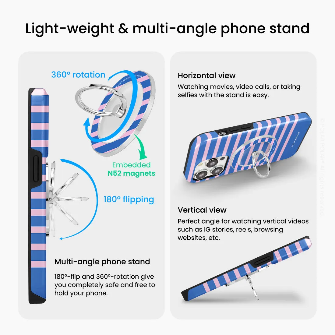 Navy Pink Stripe - Silver MagSafe Phone Grip and Ring Holder Stand
