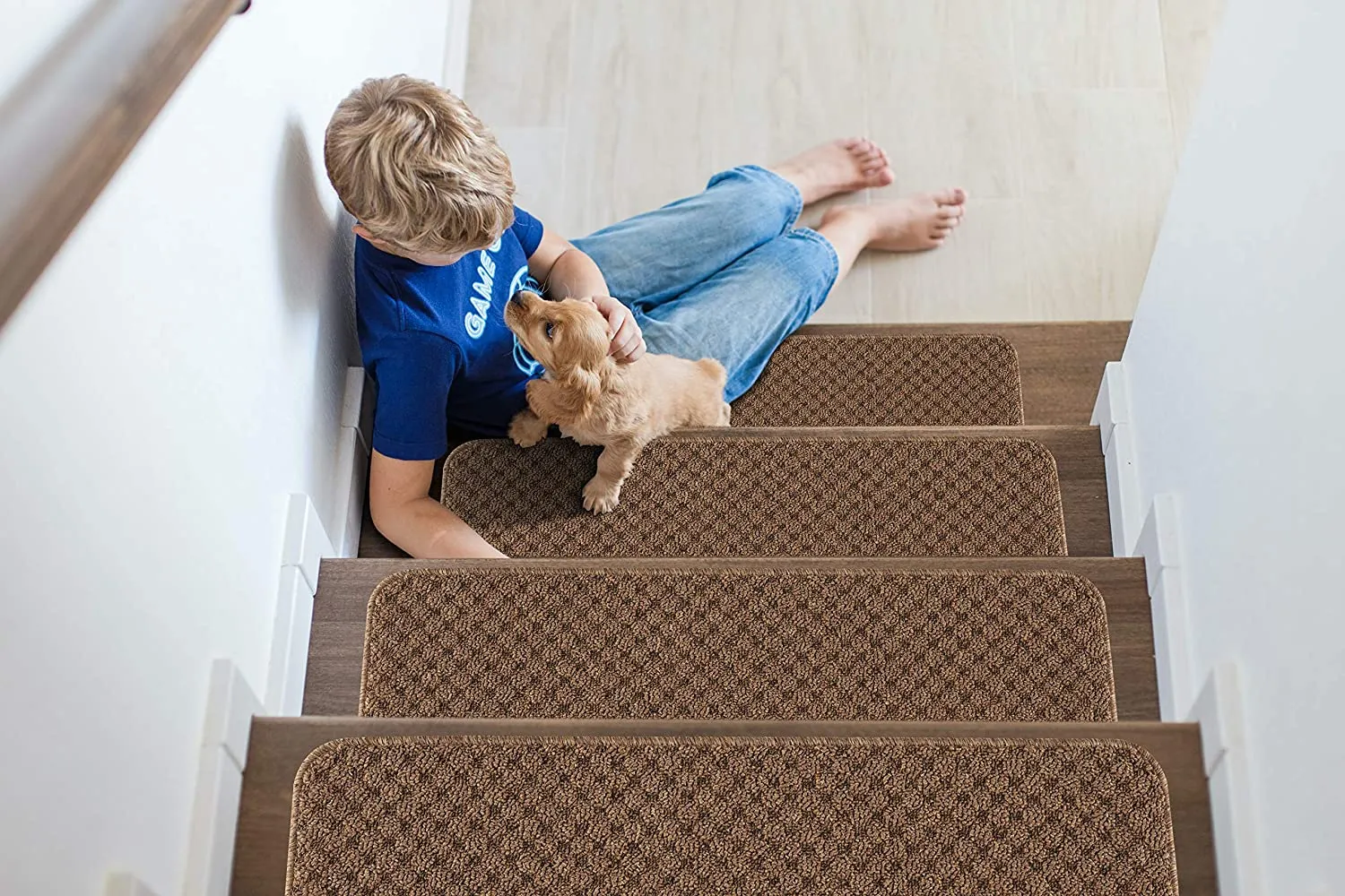 New Beverly Rugs Stair Step Treads Non Slip for Wooden Steps, Indoor Carpet Runner Mats, Anti-Skid Rubber Backing, Pet Dog Stair Pads, Waffle Set of 7, Beige