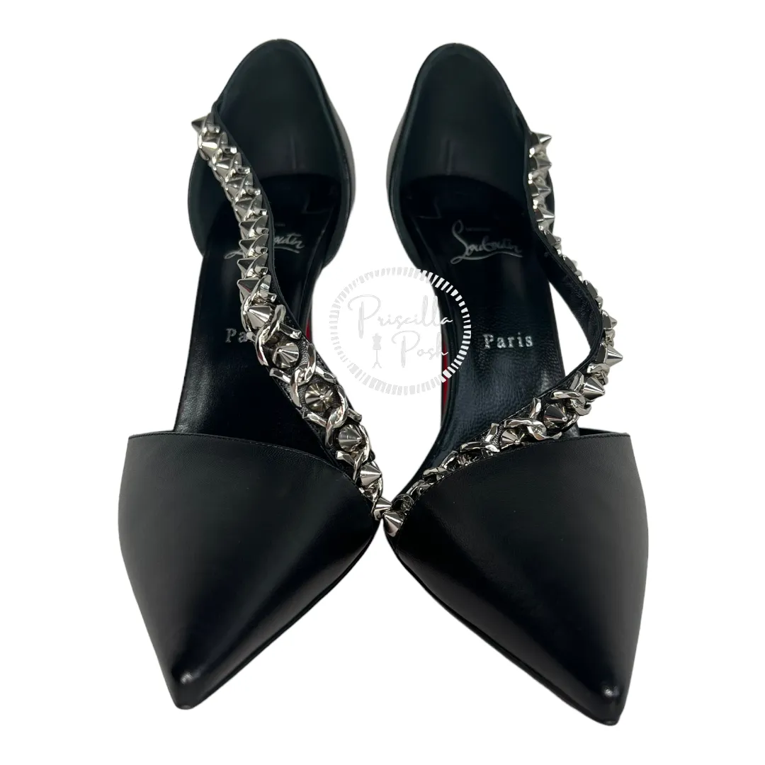 New With Box Christian Louboutin Black Leather Silver Chain Spike Leather Pumps 42