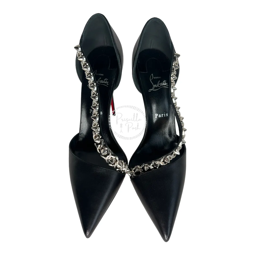 New With Box Christian Louboutin Black Leather Silver Chain Spike Leather Pumps 42