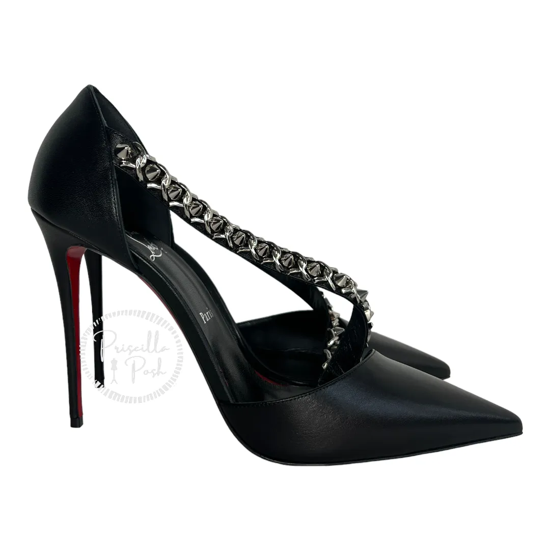 New With Box Christian Louboutin Black Leather Silver Chain Spike Leather Pumps 42