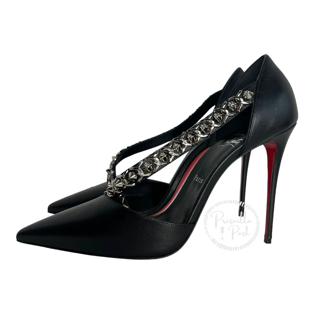 New With Box Christian Louboutin Black Leather Silver Chain Spike Leather Pumps 42