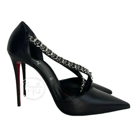 NWB Christian Louboutin Black Leather Silver Chain Spike Leather Pumps 42