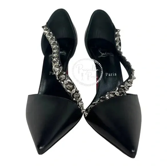 NWB Christian Louboutin Black Leather Silver Chain Spike Leather Pumps 42