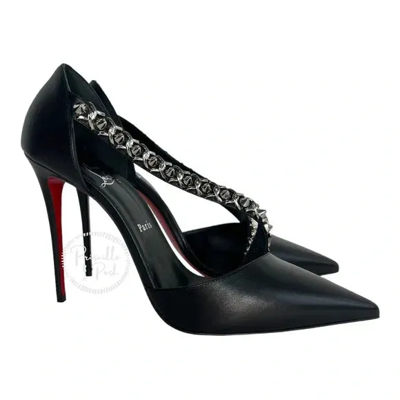 NWB Christian Louboutin Black Leather Silver Chain Spike Leather Pumps 42