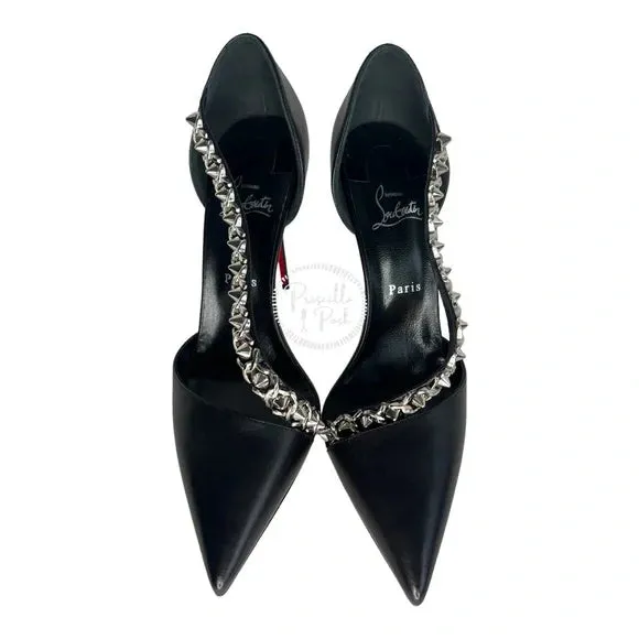 NWB Christian Louboutin Black Leather Silver Chain Spike Leather Pumps 42