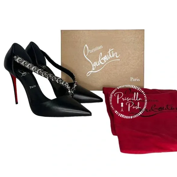 NWB Christian Louboutin Black Leather Silver Chain Spike Leather Pumps 42