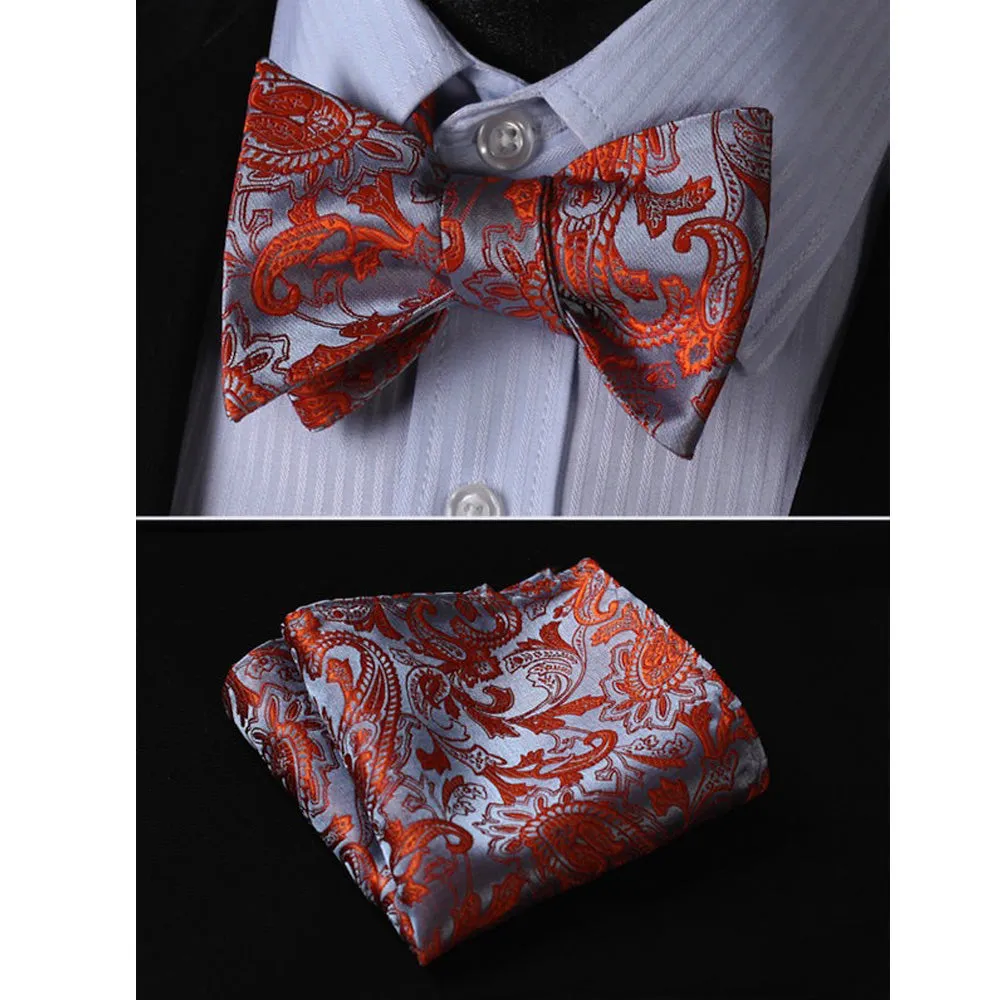 Orange Gray Paisley Mens Silk Self tie Bow Tie with Pocket Squares Set