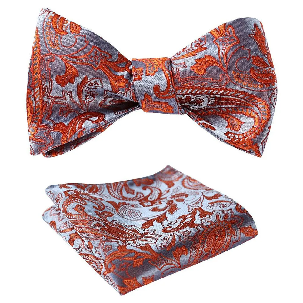 Orange Gray Paisley Mens Silk Self tie Bow Tie with Pocket Squares Set