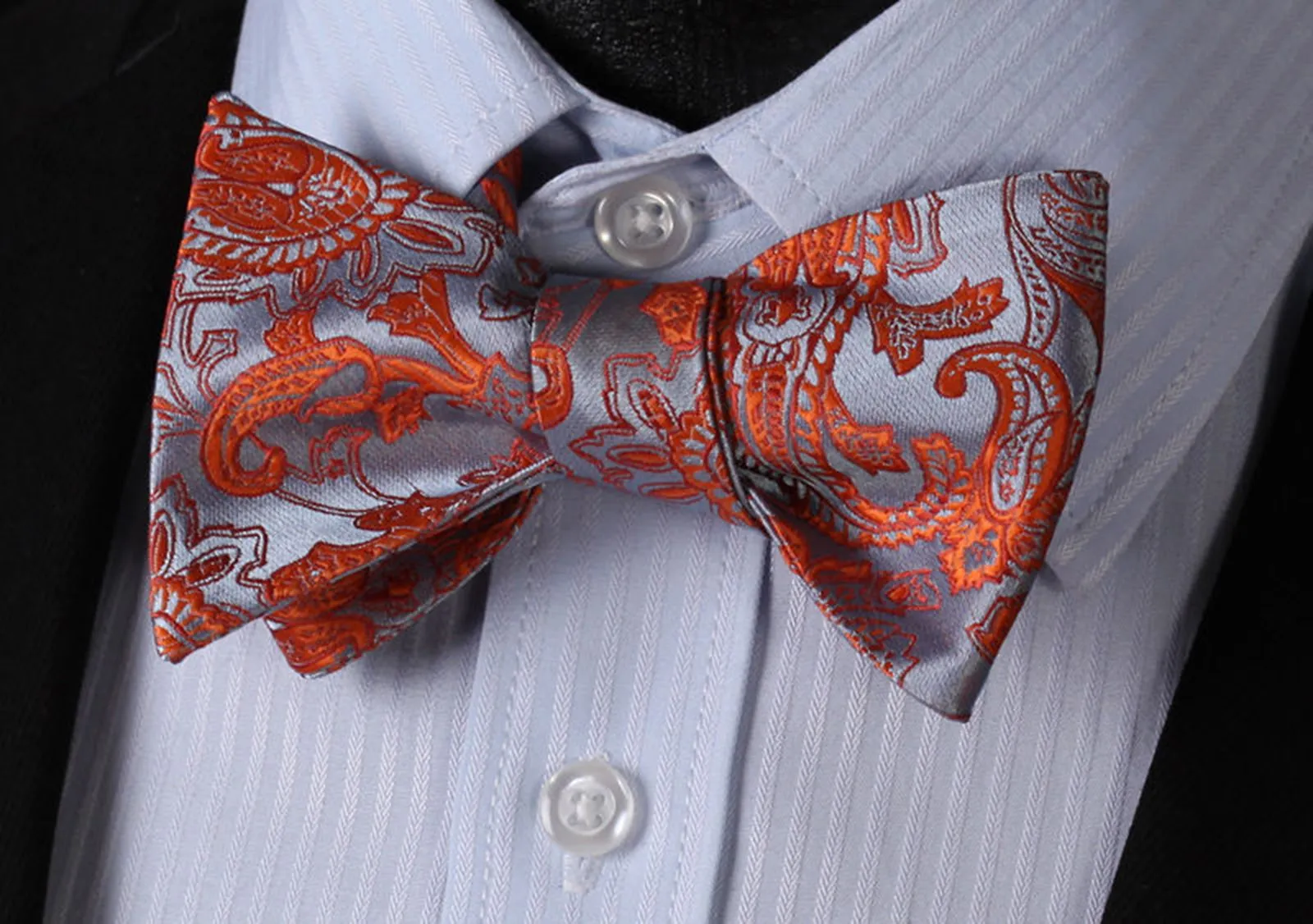 Orange Gray Paisley Mens Silk Self tie Bow Tie with Pocket Squares Set