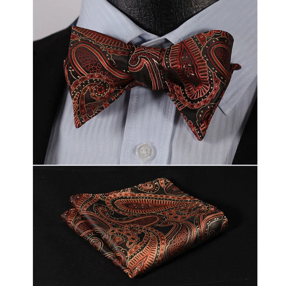 Orange Paisley Mens Silk Self tie Bow Tie with Pocket Squares Set