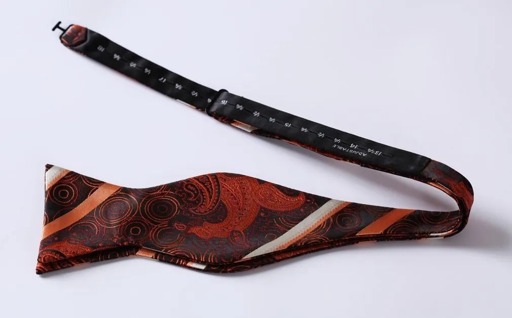 Orange Paisley Stripe Mens Silk Self tie Bow Tie with Pocket Squares Set