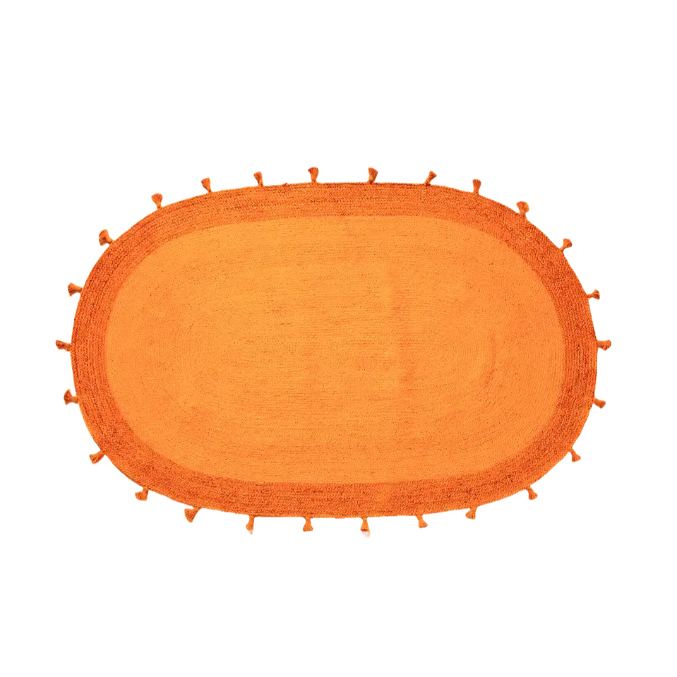 Orange Two Toned Oval Jute Rug with Tassels