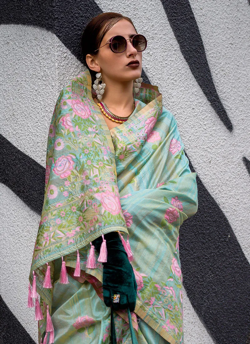 Pastel Green Handloom Woven Floral Printed Silk Saree