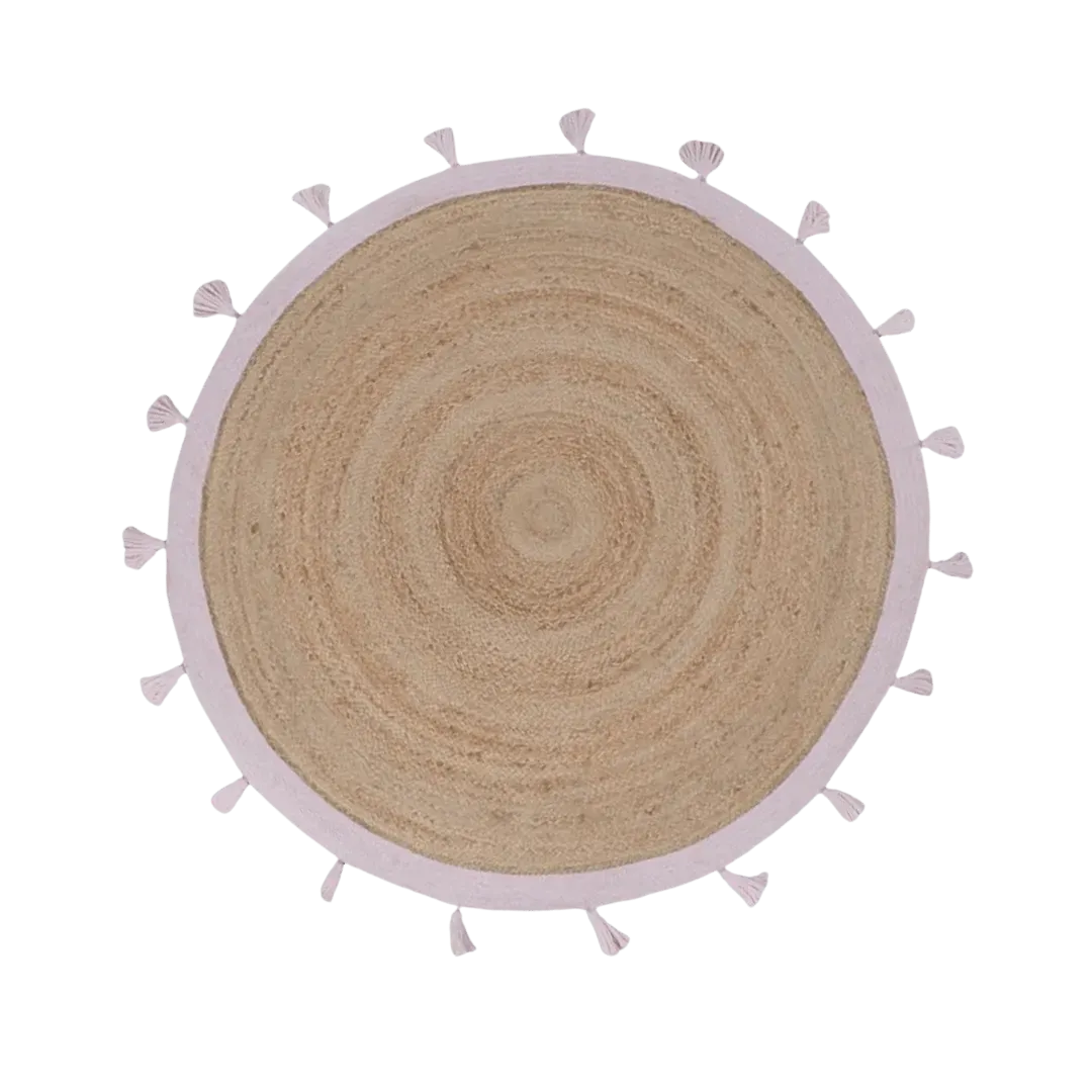 Pink and Natural Round Jute Rug with Tassels