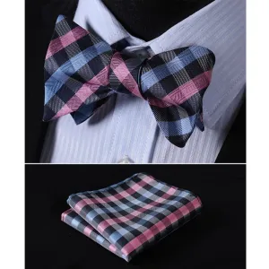 Pink Blue Mens Silk Self tie Bow Tie with Pocket Squares Set