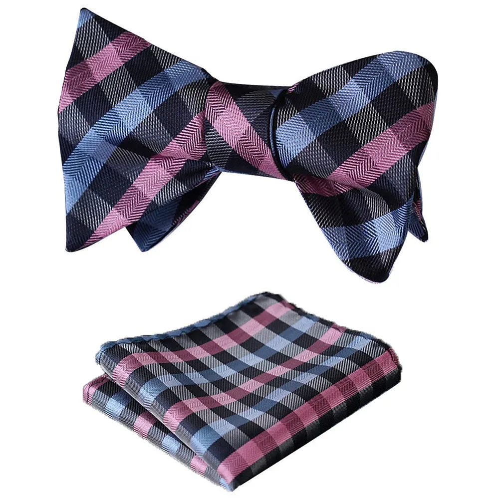 Pink Blue Mens Silk Self tie Bow Tie with Pocket Squares Set