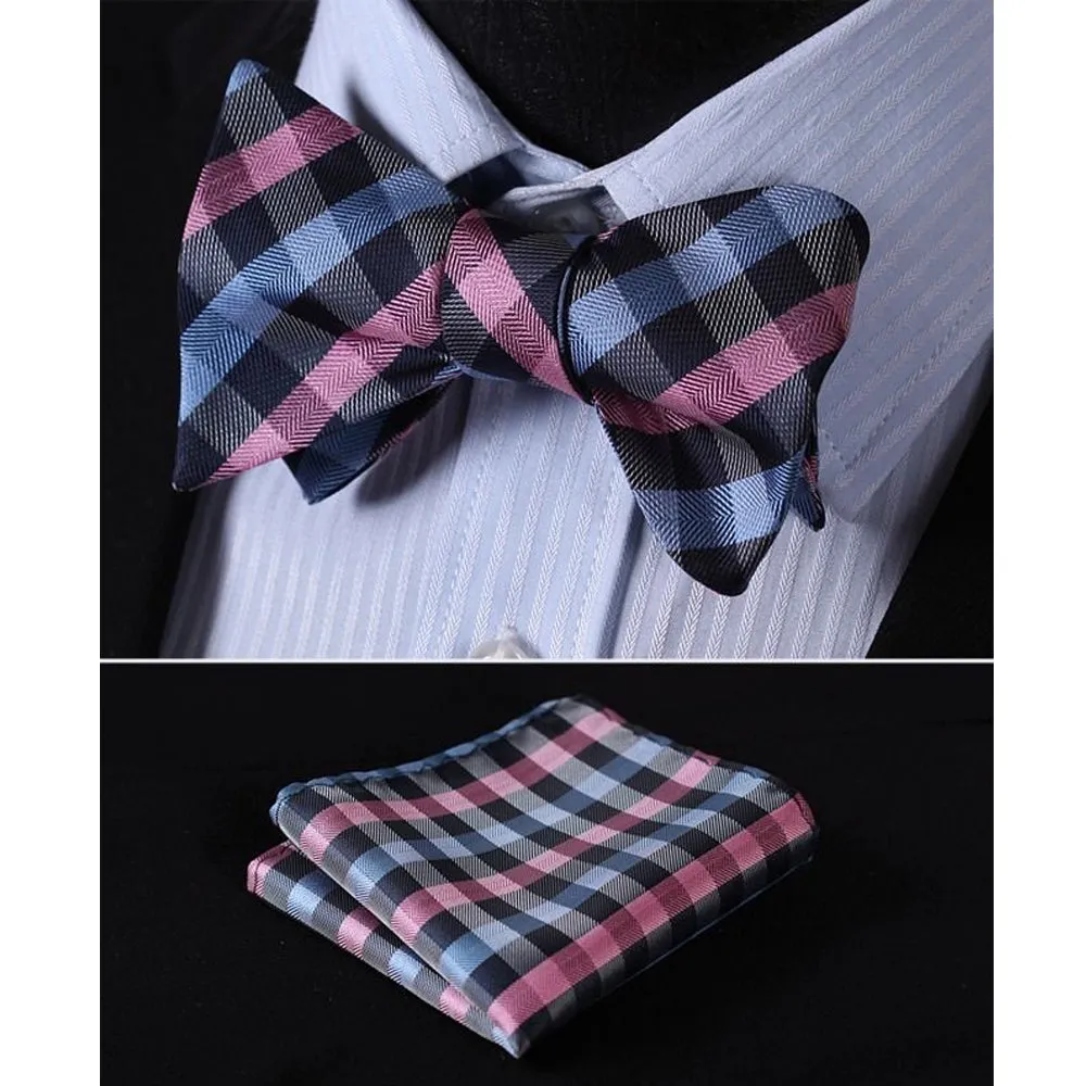Pink Blue Mens Silk Self tie Bow Tie with Pocket Squares Set