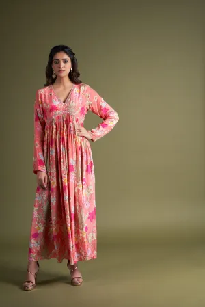 Pink Printed Crepe Gown with Hand Embroidery