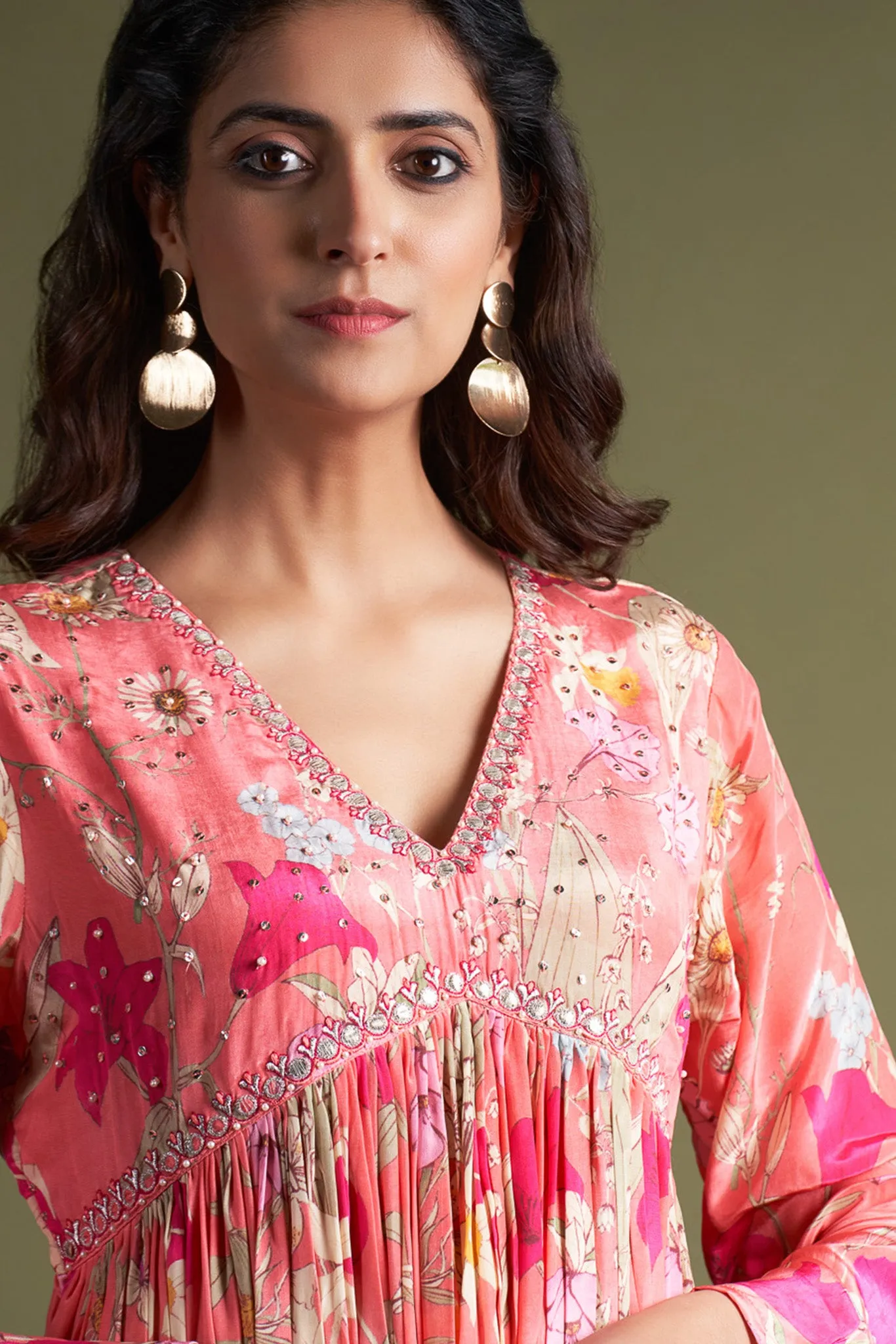 Pink Printed Crepe Gown with Hand Embroidery