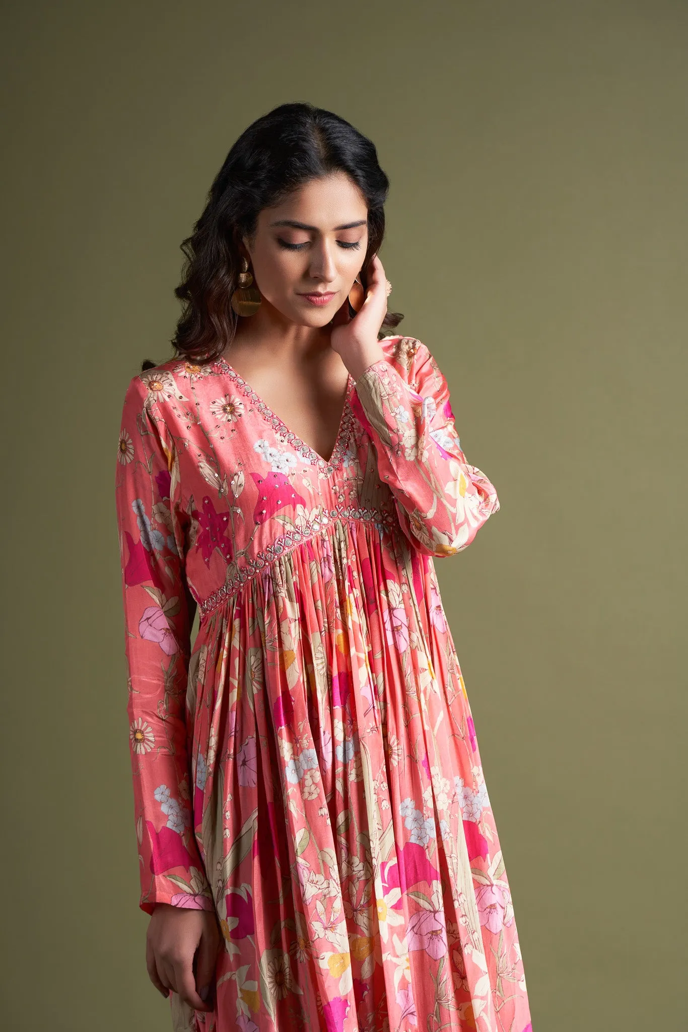 Pink Printed Crepe Gown with Hand Embroidery