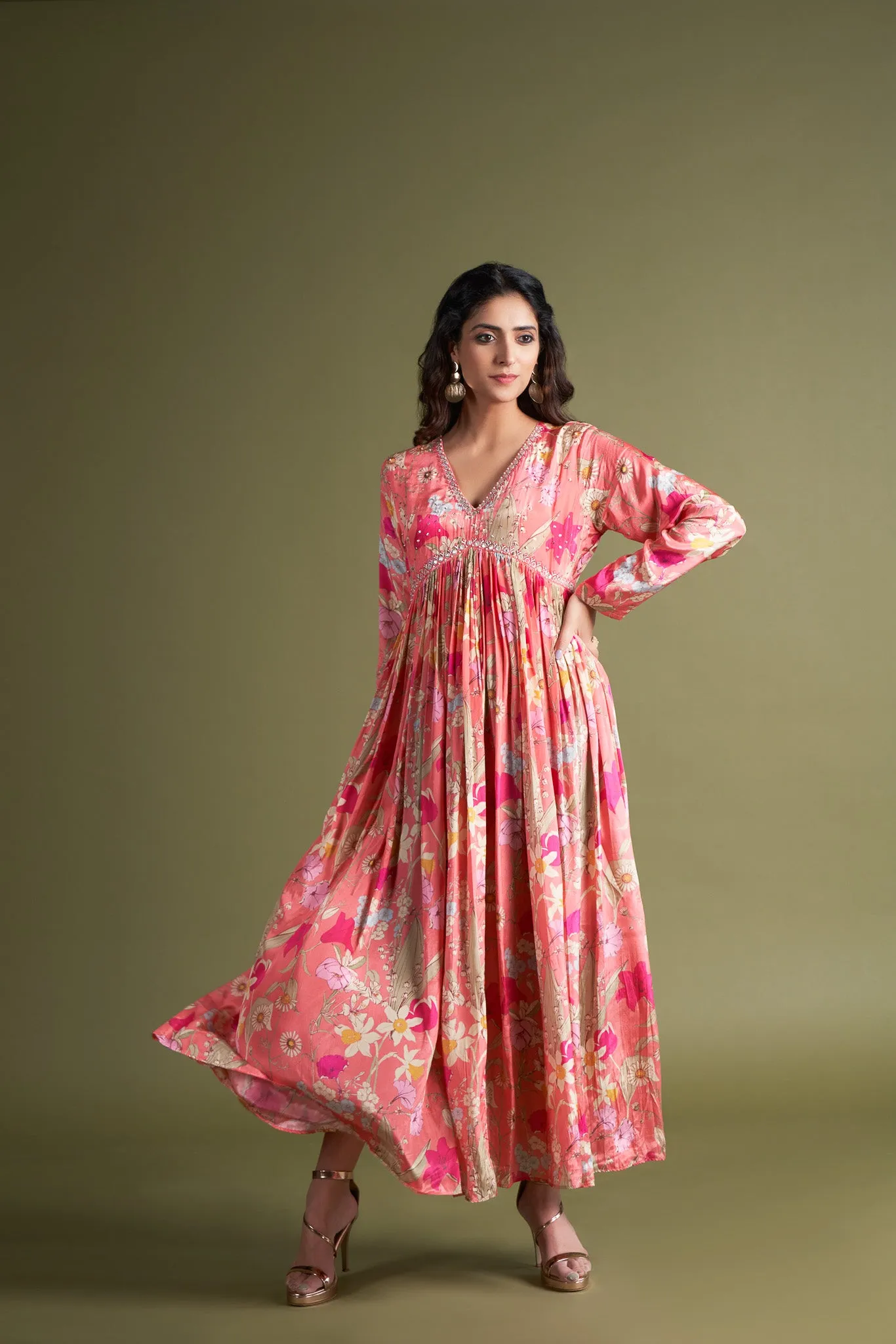 Pink Printed Crepe Gown with Hand Embroidery