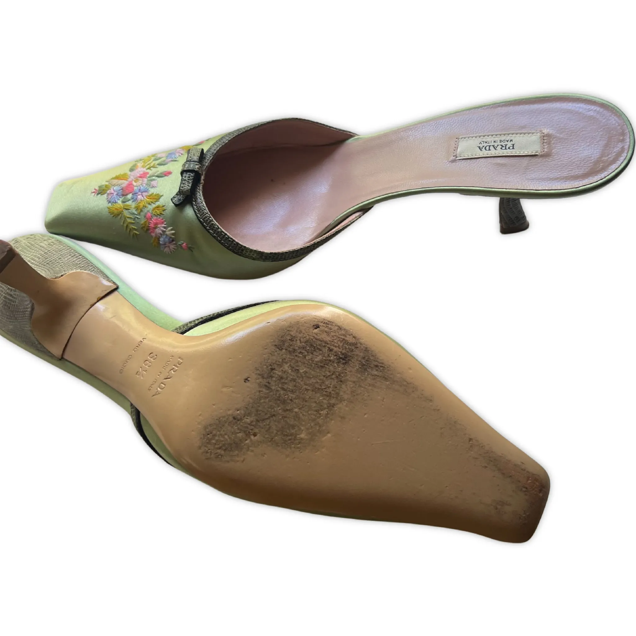 PRADA Green Floral Embroidered Kitten Heels | Size 38.5