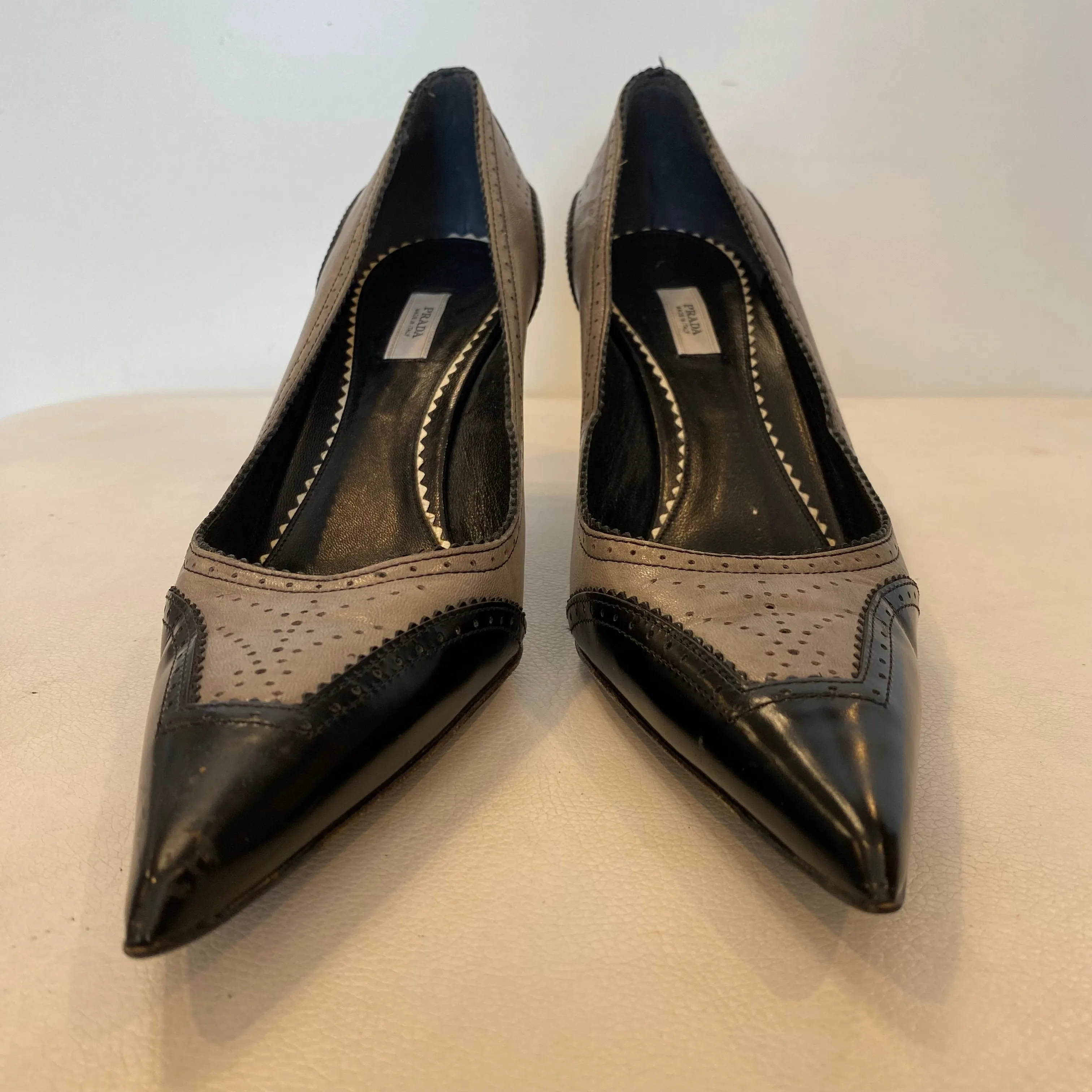 PRADA Point Toe Kitten Heel Black/Gray Size 37