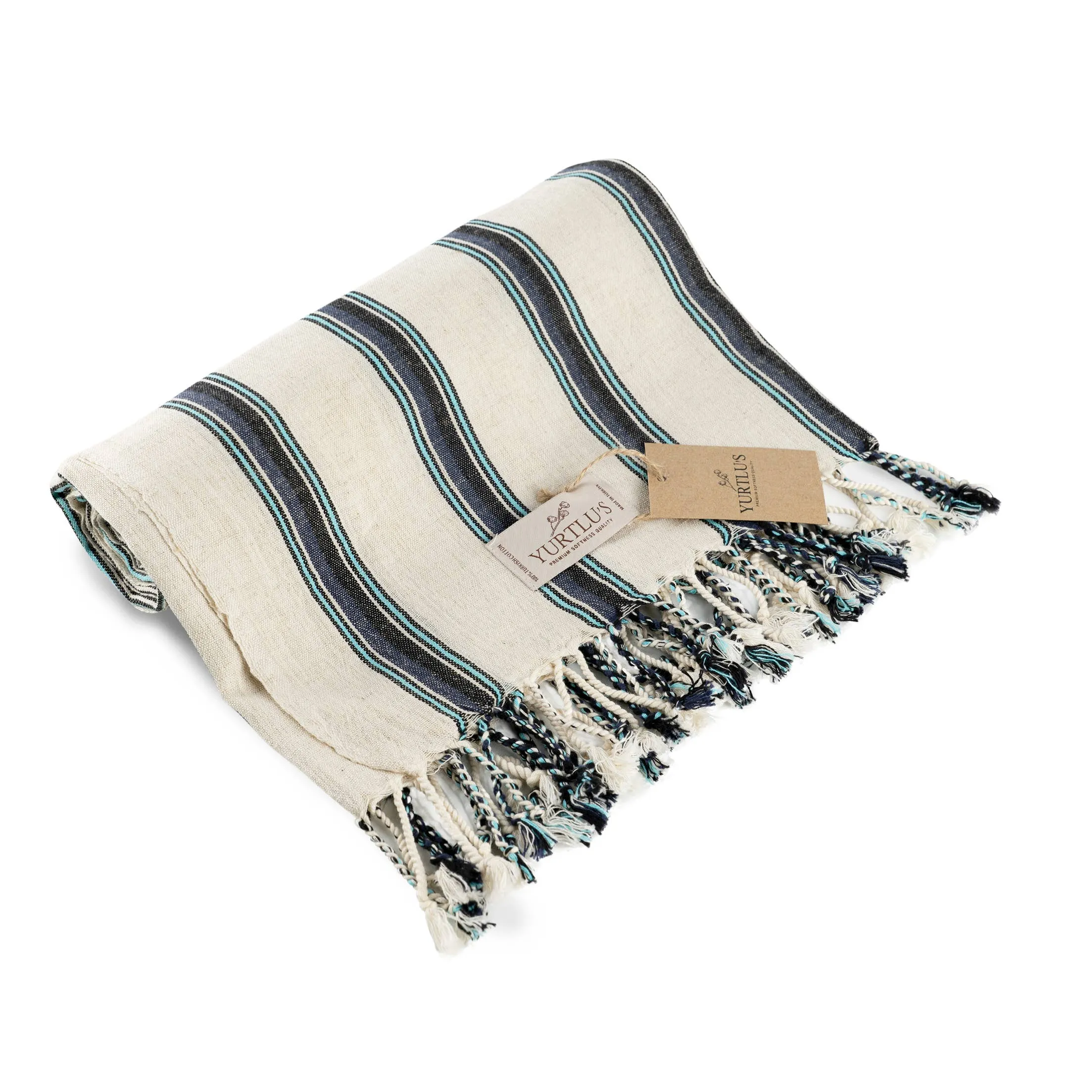 Pre-Washed 38"x72" Turkish Towel Navy/Aqua Stripe