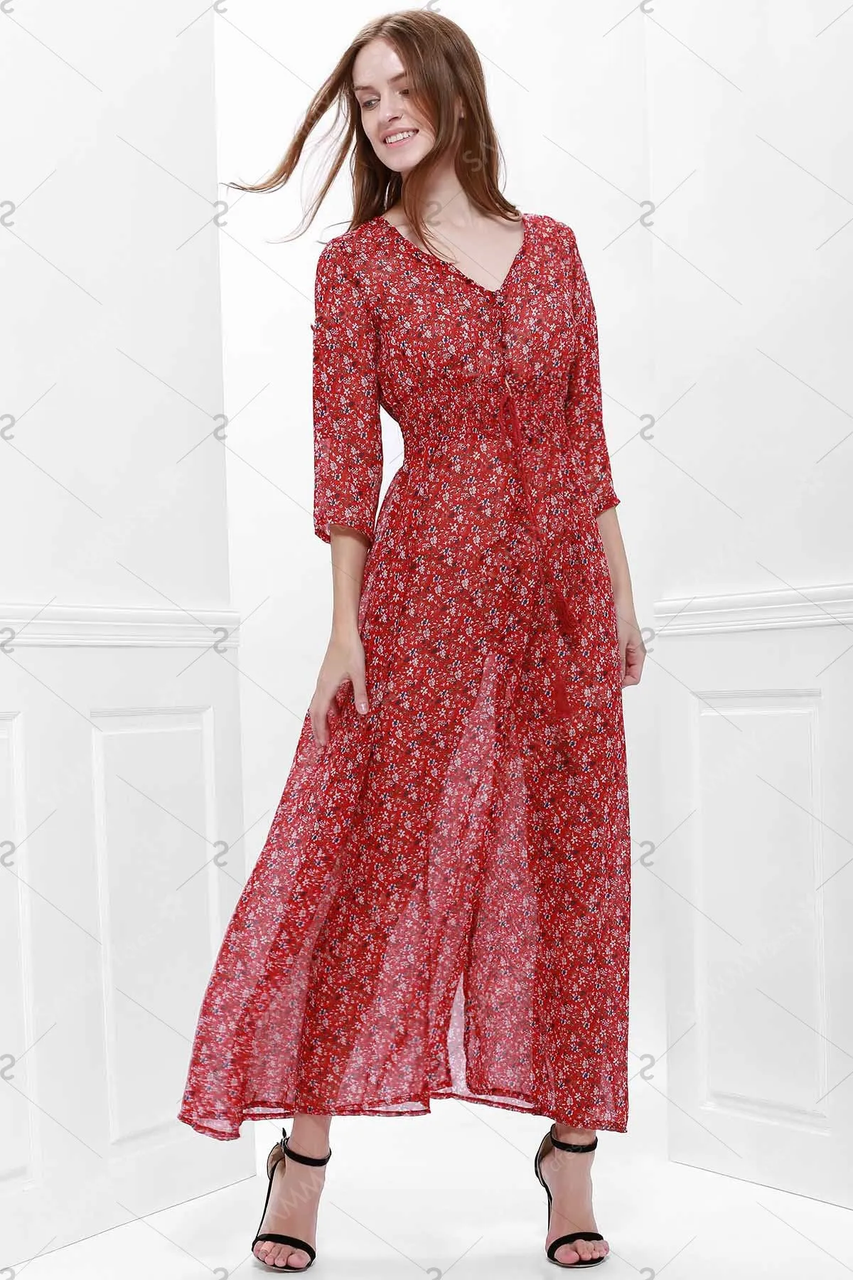 Printed High Slit Maxi Dress with Sleeves - Red - L