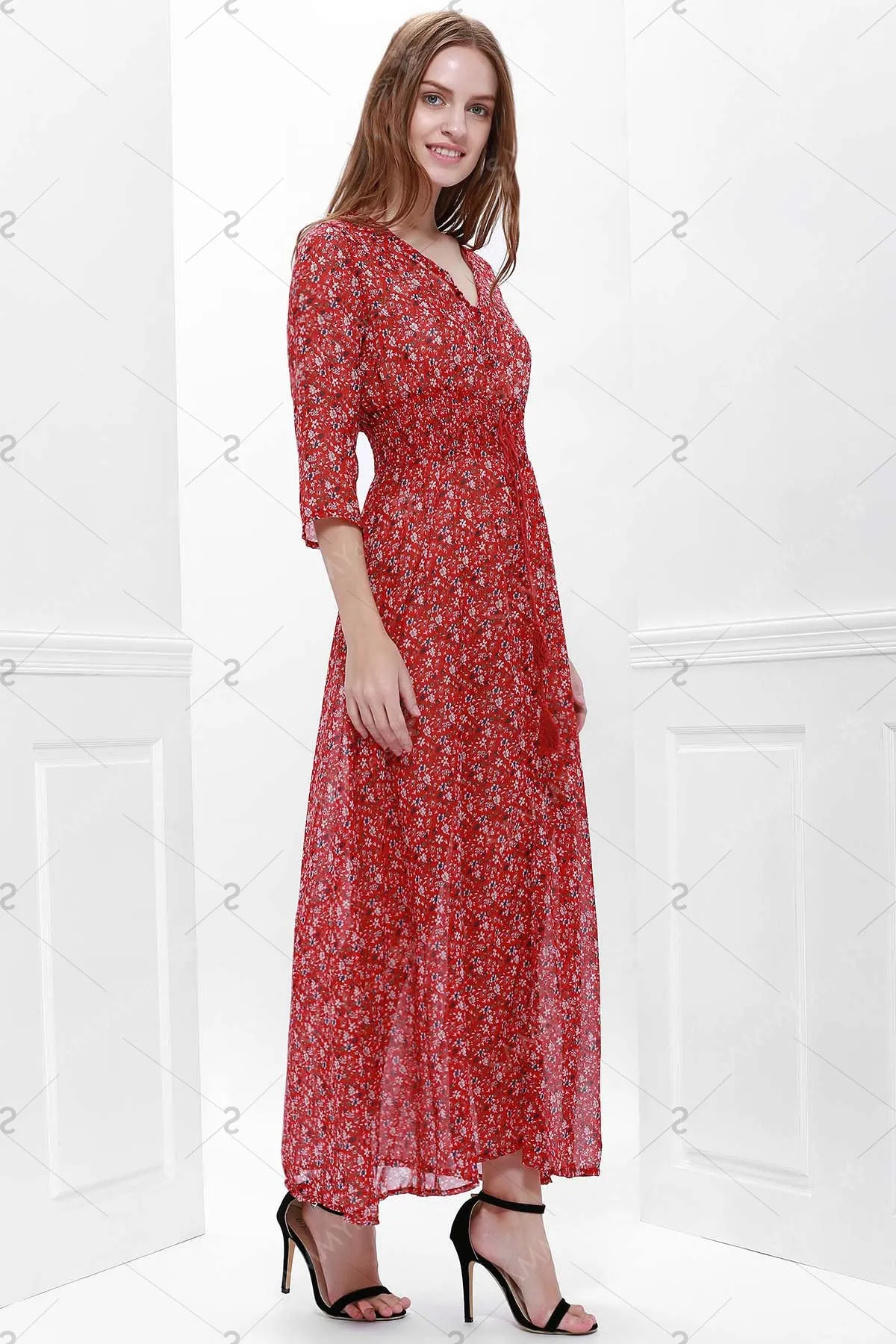 Printed High Slit Maxi Dress with Sleeves - Red - L