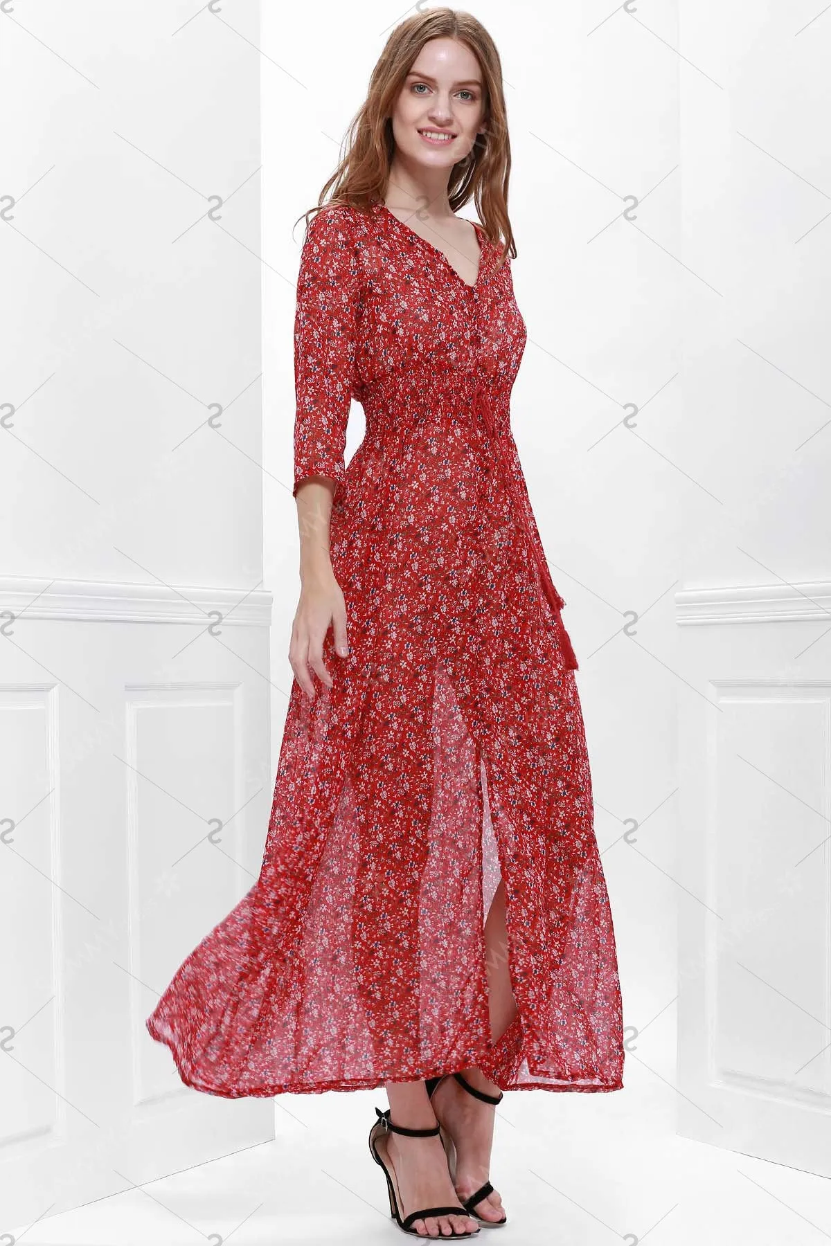 Printed High Slit Maxi Dress with Sleeves - Red - L