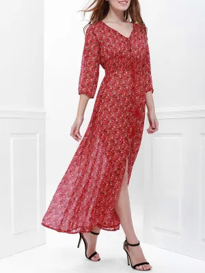 Printed High Slit Maxi Dress with Sleeves - Red - L