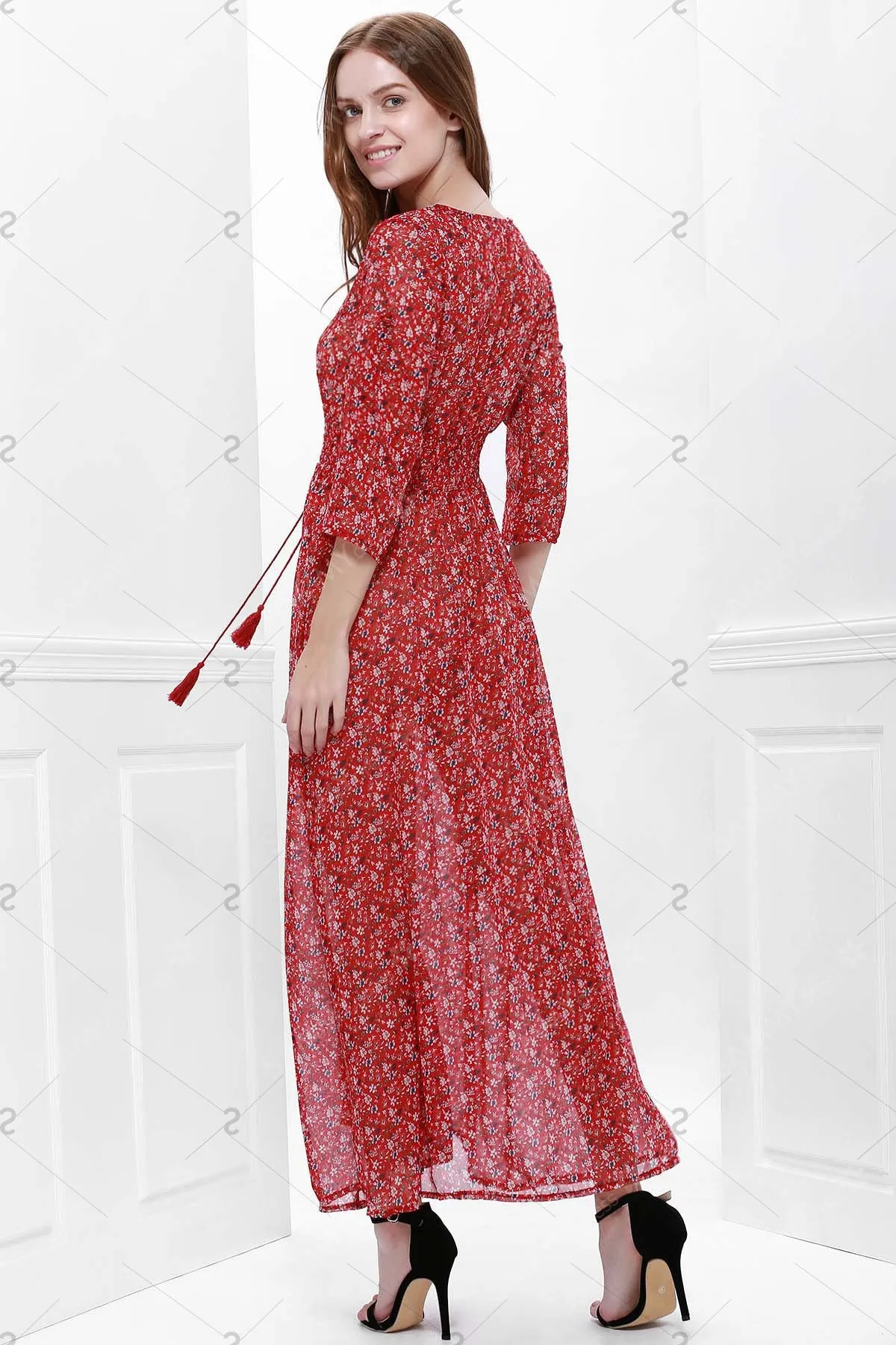 Printed High Slit Maxi Dress with Sleeves - Red - L