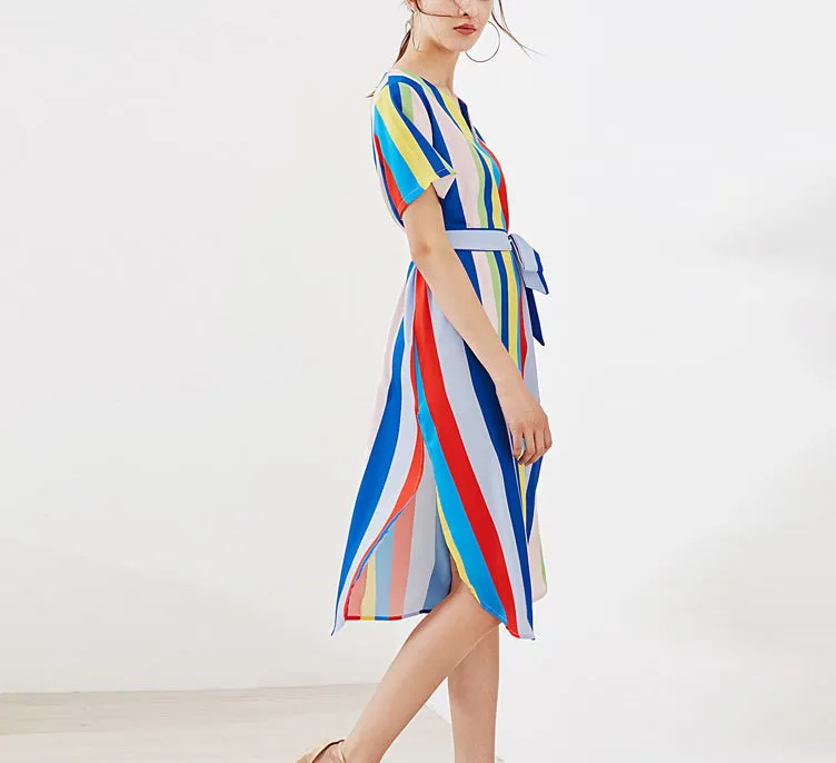 Printed V-neck Lace-up Short-sleeved Rainbow Dress