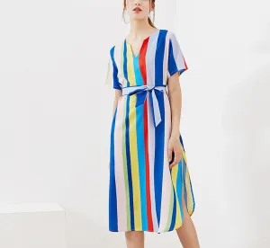 Printed V-neck Lace-up Short-sleeved Rainbow Dress